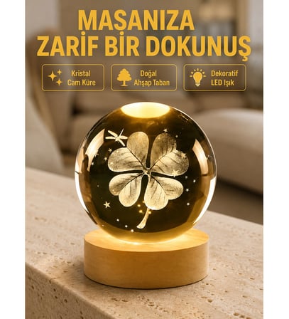 Bitki Temalı LED Işıklı Cam Küre Ahşap Standlı Modern Gece Lambası