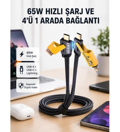 USB-C USB-A 4’ü 1 Arada Örgülü Kablo 65W Hızlı Şarj Metal Uç Dayanıklı