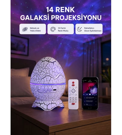 Yıldızlı Gökyüzü Dinozor Yumurta Projektör – Ayarlanabilir Parlaklık ve Hız