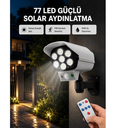 77 LED'li Güneş Enerjili Güvenlik Lambası ve Kukla Kamera – Hareket Sensörlü, 2400mAh Pilli
