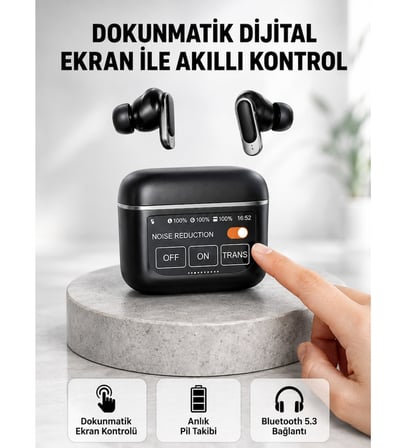 Bluetooth 5.3 ANC Kablosuz Kulaklık – Dokunmatik Kontrol, Dijital Ekran ve Uzun Pil Ömrü