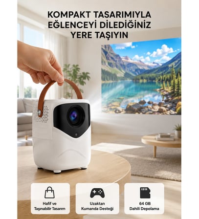 Mini Akıllı Projektör – 1080P Full HD, 64GB Depolama, 2GB RAM, Uzaktan Kumanda Destekli Yeni Nesil