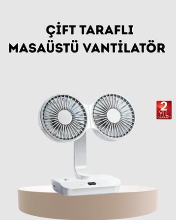Kablosuz USB Şarjlı 720° Döner Masaüstü Fan – Çift Taraflı Serinlik ve Gece Lambası