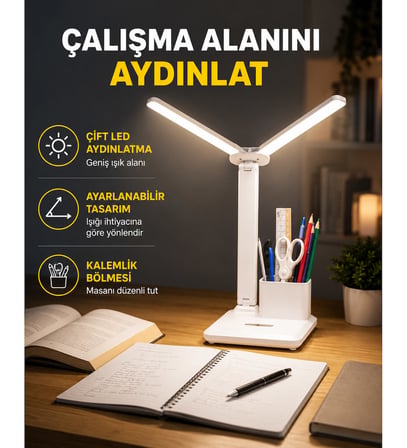 Kısılabilir LED Masa Lambası – Kalemlik ve Telefon Standlı, Göz Yormayan Işık Yeni Nesil