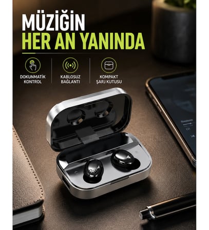 Gerçek Kablosuz Kulaklık – Bluetooth 5.0, Şarj Kutulu, Parmak İzi Kontrollü