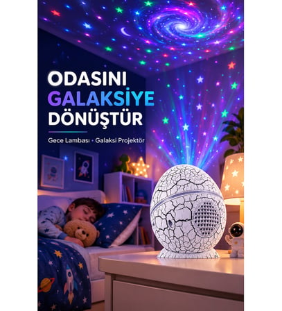 Dinozor Yumurtası Galaksi Projektör Gece Lambası 4'ü 1 Arada – Bluetooth Hoparlörlü
