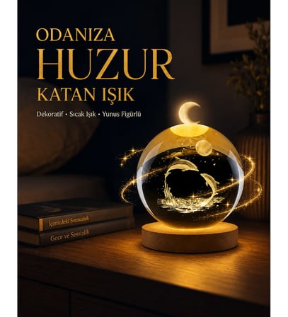 Yunus Temalı Kristal Küre USB Işıklı Ahşap Altlıklı Gece Lambası