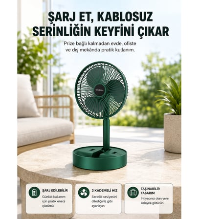 Katlanabilir Şarjlı Mini Fan 3 Kademeli Hız Ayarlı Taşınabilir