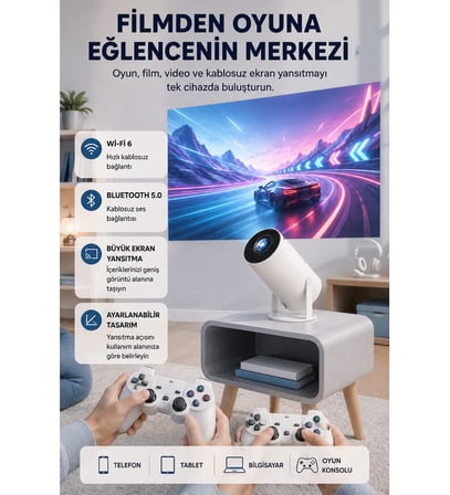 Taşınabilir Projeksiyon Cihazı 4K Destekli Wi-Fi Kablosuz Ekran Yansıtma