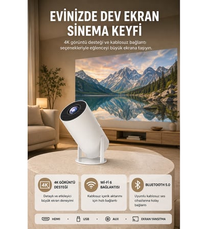 Kablosuz Projeksiyon Cihazı 4K Destekli HDMI USB Oyun Uyumlu