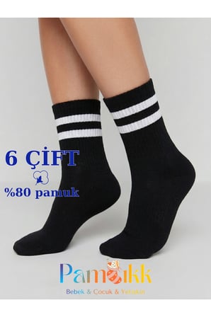 6 Çift Siyah Unisex Fitilli Spor Çorap - Çizgili Tenis Çorabı