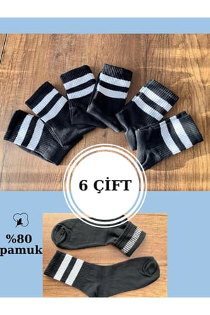 6 Çift Siyah Unisex Fitilli Spor Çorap - Çizgili Tenis Çorabı
