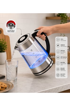 Borosilikat Cam Led Işıklı Metal 1500w 1.8l Kettle Su Isıtıcı Otomatik Kapanma
