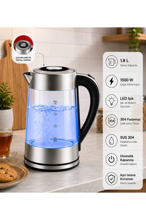 Borosilikat Cam Led Işıklı Metal 1500w 1.8l Kettle Su Isıtıcı Otomatik Kapanma