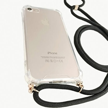 Apple iPhone 7 Plus / 8 Plus Siyah Şeffaf Boyun Omuz Askılı ipli Kordonlu Kılıf