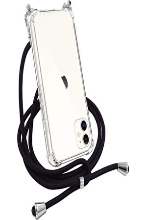Apple iPhone 11 (6.1 inç)  Siyah Şeffaf Boyun Omuz Askılı ipli Kordonlu Kılıf