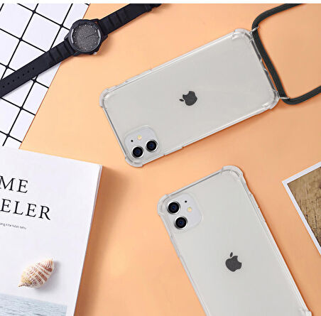 Apple iPhone 11 (6.1 inç)  Siyah Şeffaf Boyun Omuz Askılı ipli Kordonlu Kılıf