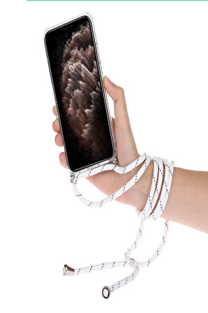 Apple iPhone 6 / 6S Siyah Şeffaf Boyun Omuz Askılı ipli Kordonlu Kılıf 