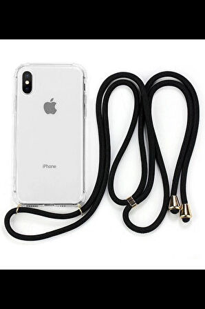 Apple iPhone X / XS Siyah Şeffaf Boyun Omuz Askılı ipli Kordonlu Kılıf