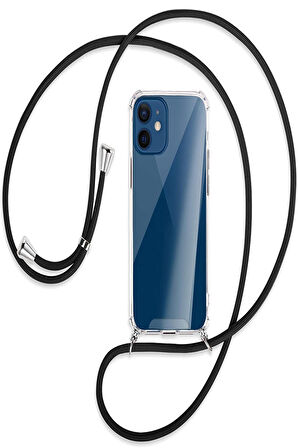 Apple iPhone 12 Mini (5.4 inç) Şeffaf Boyun - Omuz Askılı Köşe Korumalı İpli Silikon Kılıf