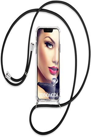 Samsung Galaxy A12 Kılıf Boyun - Omuz Askılı Köşe Korumalı Siyah İpli Şeffaf Silikon