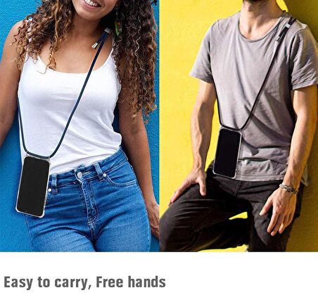 Apple iPHONE  13 Kılıf Boyun - Omuz Askılı Köşe Korumalı Siyah İpli Şeffaf Silikon