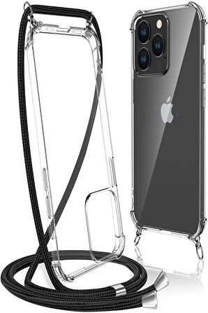 Apple iPHONE  13 PRO MAX Kılıf Boyun - Omuz Askılı Köşe Korumalı Siyah İpli Şeffaf Silikon