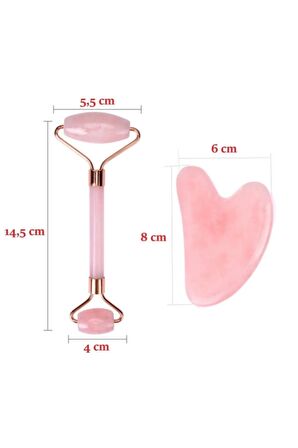 Pembe Kuvars Gua Sha Taşı Masaj Aleti Ve Face Roller 2'li Seti Doğal Taş