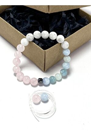 Ay Taşı, Akuamarin, Pembe Kuvars Doğal Taş 8 Mm Aşk Sevgi Bilekliği