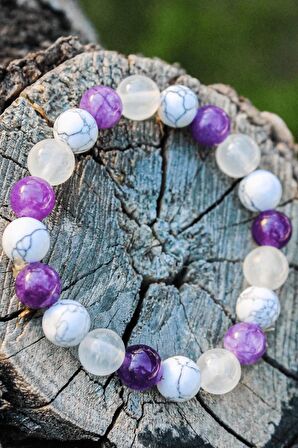 Bunu Yapabilirsin Kadın Doğal Taş Tılsım Bilekliği Düz 8mm (Ametist, Selenit,Havlit)Chi-Zen Bileklik