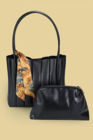 Fularlı Büyük Boy Siyah Kadın Çanta