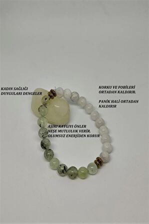 Sertifikalı 8 Mm Ay Taşı ,prehnit, Hematit Doğaltaş Bileklik