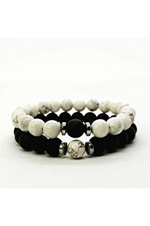 (H)unisex Siyah Beyaz Havlit & Oniks Sevgili Bileklikleri