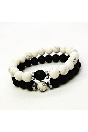 (H)unisex Siyah Beyaz Havlit & Oniks Sevgili Bileklikleri