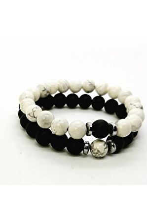 (H)unisex Siyah Beyaz Havlit & Oniks Sevgili Bileklikleri