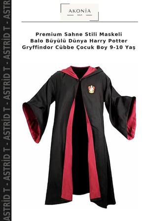 Premium Sahne Stili Maskeli Balo Büyülü Dünya Harry Potter Gryffindor Cübbe Çocuk Boy 9-10 Yaş