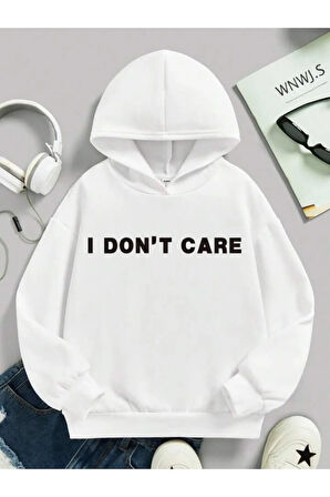 Kız\Erkek Çocuk Beyaz I Dont Care Baskılı Kapşonlu Sweatshirt