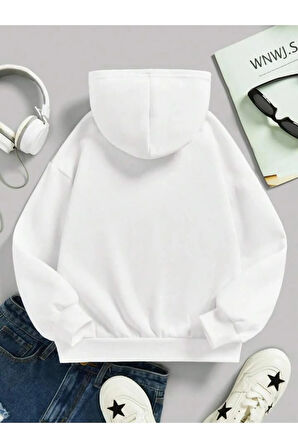 Kız\Erkek Çocuk Beyaz I Dont Care Baskılı Kapşonlu Sweatshirt