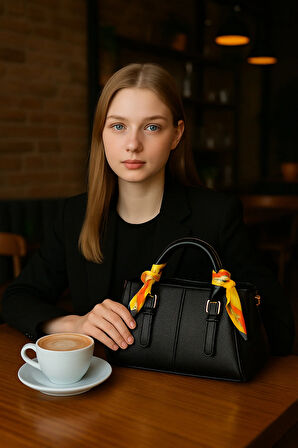 Kadın Şık Deri Görünümlü Fular Detaylı Omuz ve El Çantası