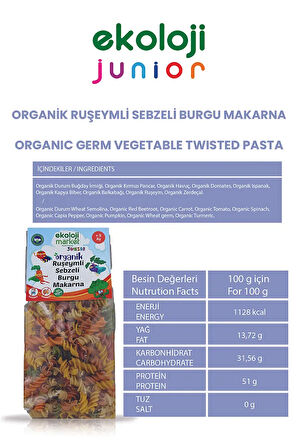 Organik Ruşeymli Sebzeli Burgu Makarna 250 gr3Paket Organic Wheat Vegetable Twisted Pasta 250gr3pack