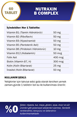2 Adet Nutraxin B Vitamin Complex 60 Adet Tablet - (B1-B2-B3-B5-B6-Biotin-B12)