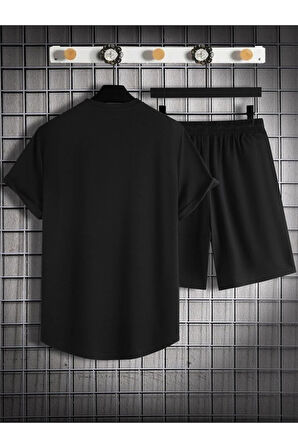 Unisex Baskılı Siyah Tişört - Siyah Şort Eşofman Takımı