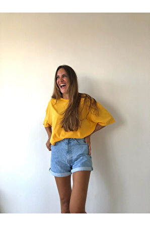 Unisex Yumuşak Pamuklu Bisiklet Yaka Sarı Basic Oversize T-shirt