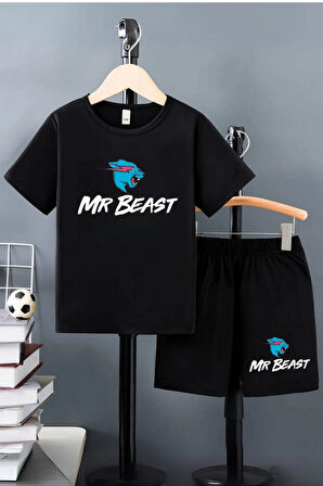 Çocuk Mr Beast Baskılı Alt Üst %100 Pamuk T-Shirt Şort Takım