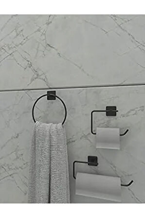 Yapışkanlı Banyo Seti Siyah Kare Havluluk Kare Tuvalet Kağıtlık Kare Set Banyo Düzenleyici