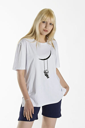 Unisex Siyah Spor Bisiklet Yaka Pamuk Oversize Boyfriend T-shirt