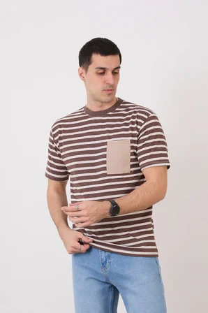 Pavotti Erkek Kahve-Beyaz Çizgili Bisiklet Yaka Cep Detaylı Süprem Kumaş T-Shirt Günlük Dar Kesim Kahverengi-Beyaz
