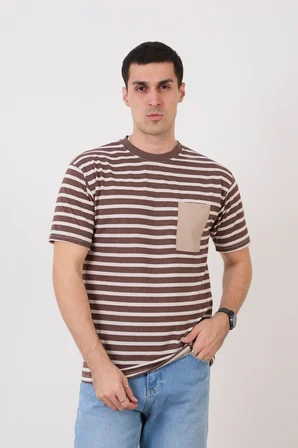 Pavotti Erkek Kahve-Beyaz Çizgili Bisiklet Yaka Cep Detaylı Süprem Kumaş T-Shirt Günlük Dar Kesim Kahverengi-Beyaz