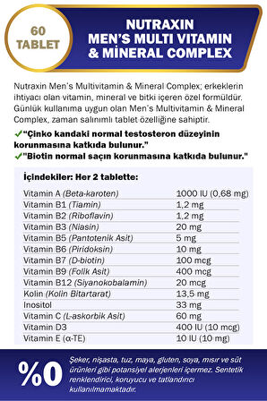 2 Adet Nutraxin Men's Multi Vitamin ve Mineral Complex 60 Adet Tablet - (Erkeklere Özel Formül)