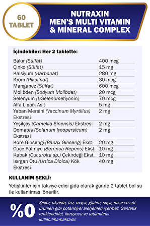 2 Adet Nutraxin Men's Multi Vitamin ve Mineral Complex 60 Adet Tablet - (Erkeklere Özel Formül)